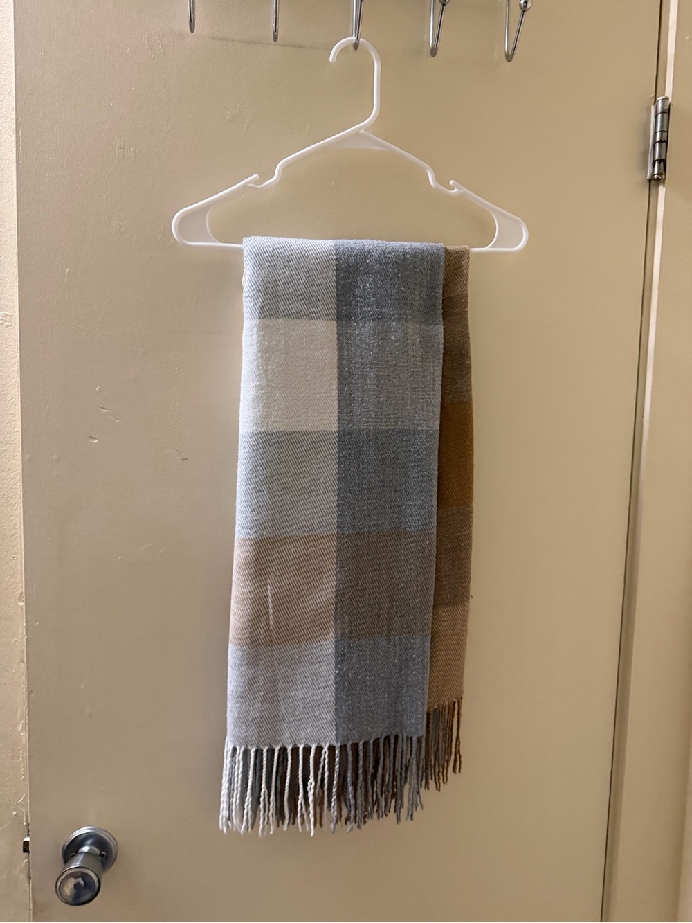 Plaid Fringe Throw Blanket in Beige, Gray & Cream
